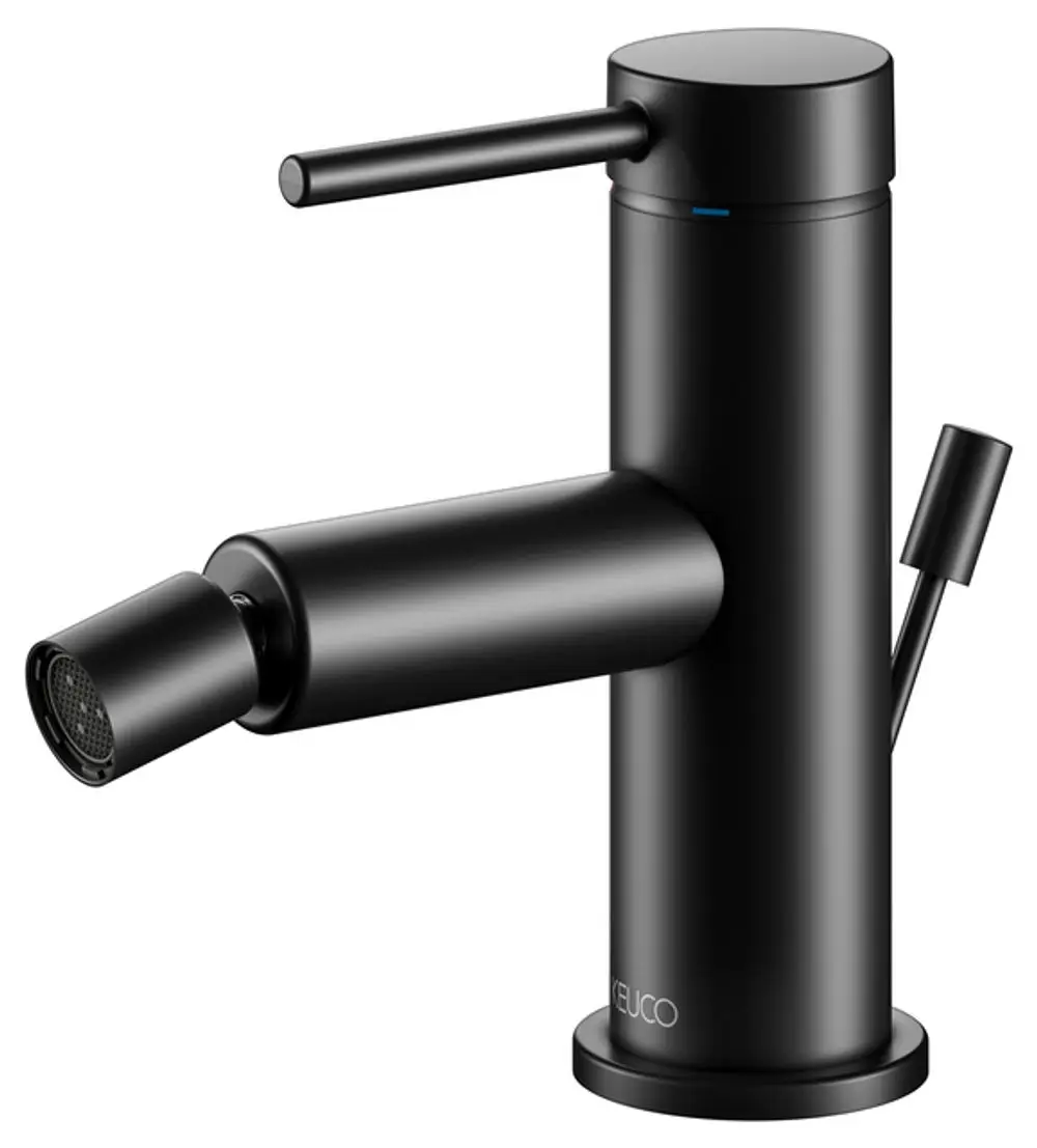 Schwarzer Bidetmischer von Keuco mit seitlichem Hebel zum Einstellen der Wasserzufuhr und Sprühkopf zur Nutzung. Modernes Design, geeignet für verschiedene Badezimmerstile.